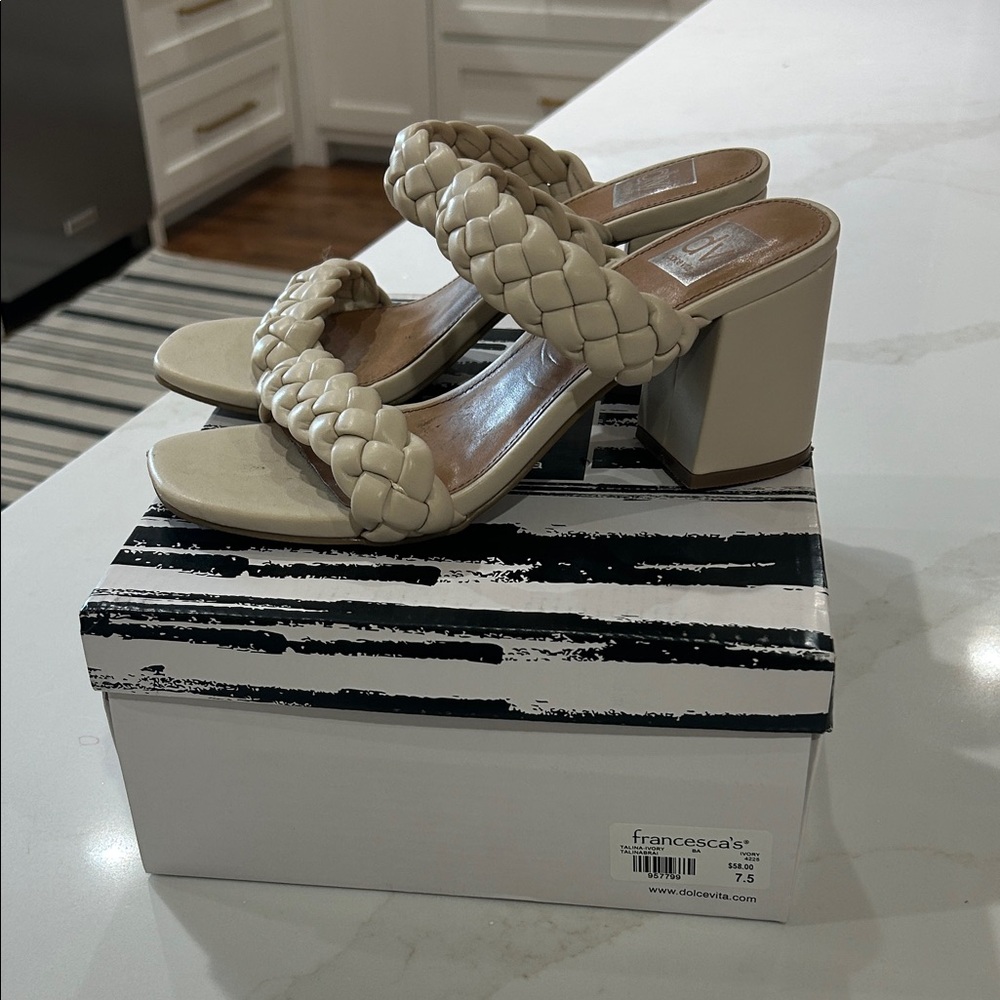 Dolce Vita Cream Braided Double-Strap Block Heel Sandals